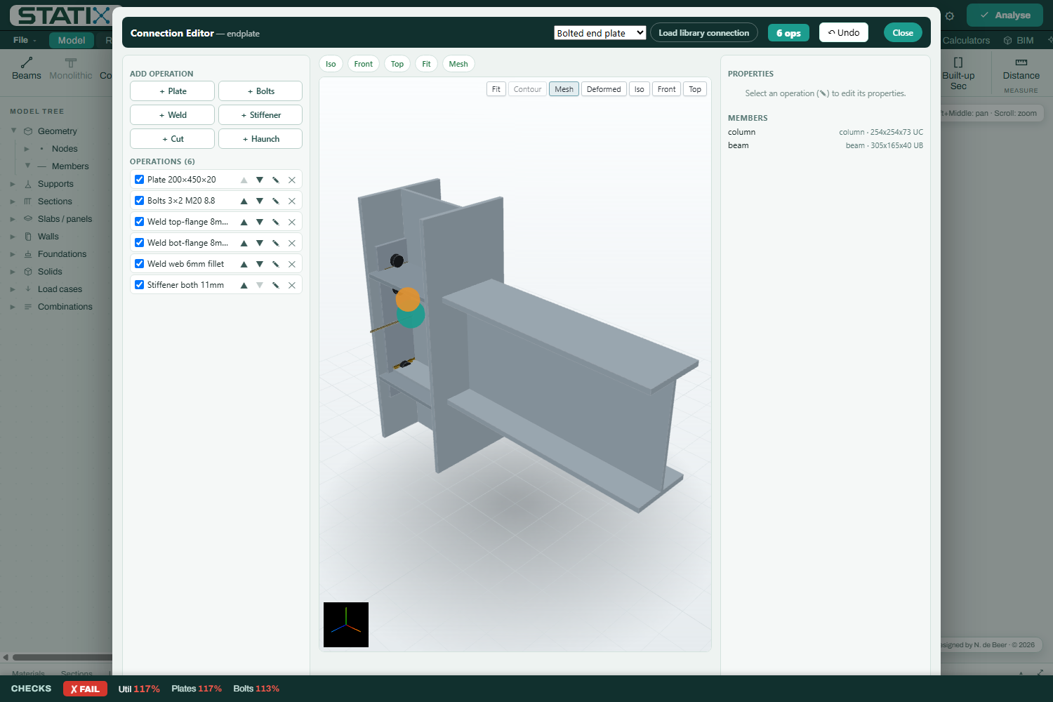 3D connection editor with plate and bolt operations