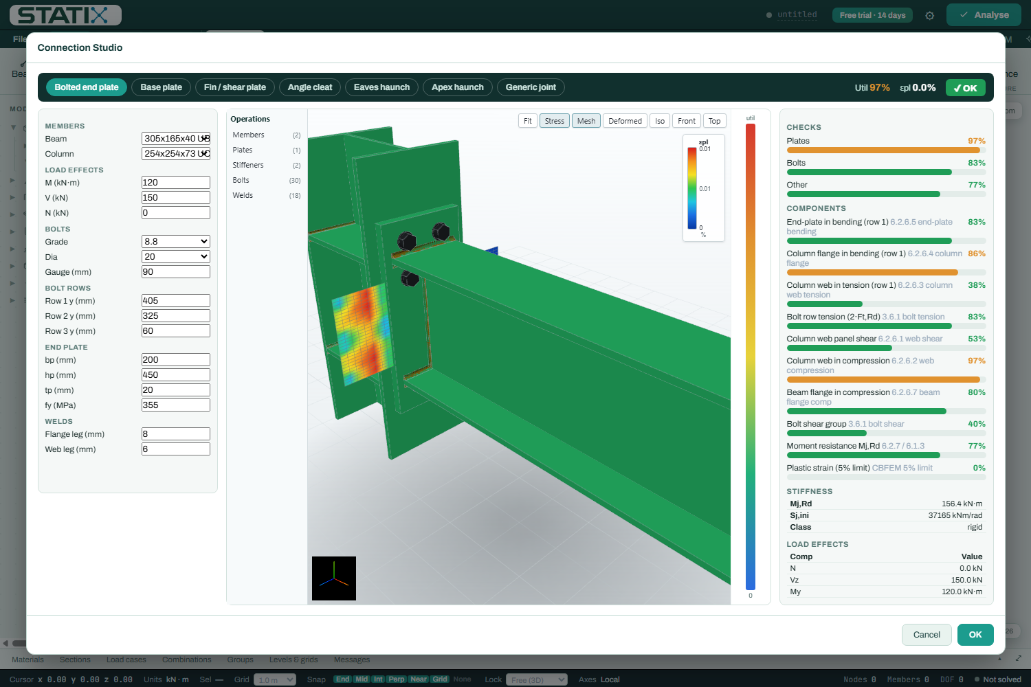 STATIX Connection Studio showing a CBFEM end-plate connection with a live finite-element stress contour and component checks