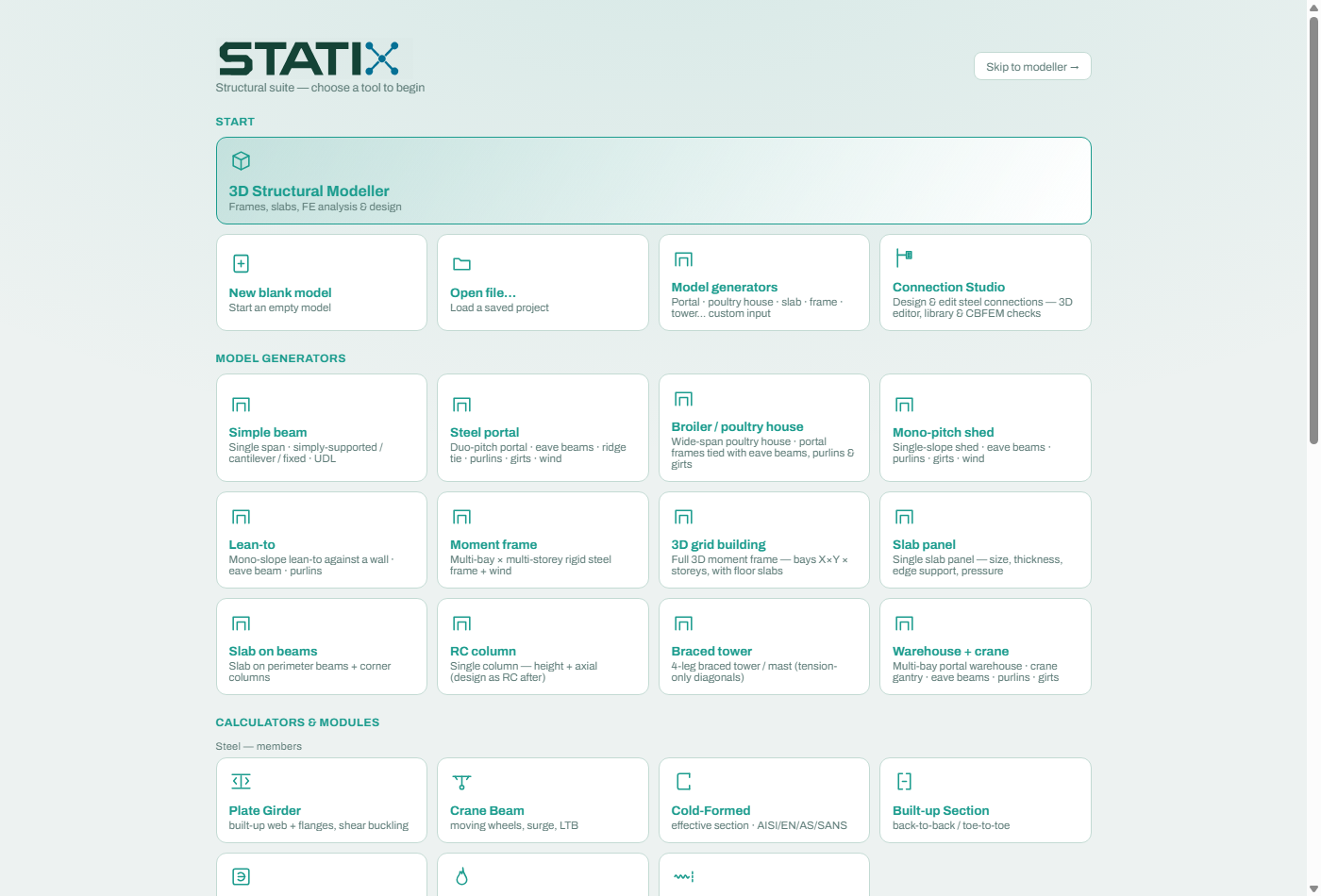 STATIX start page with tool cards and model generators