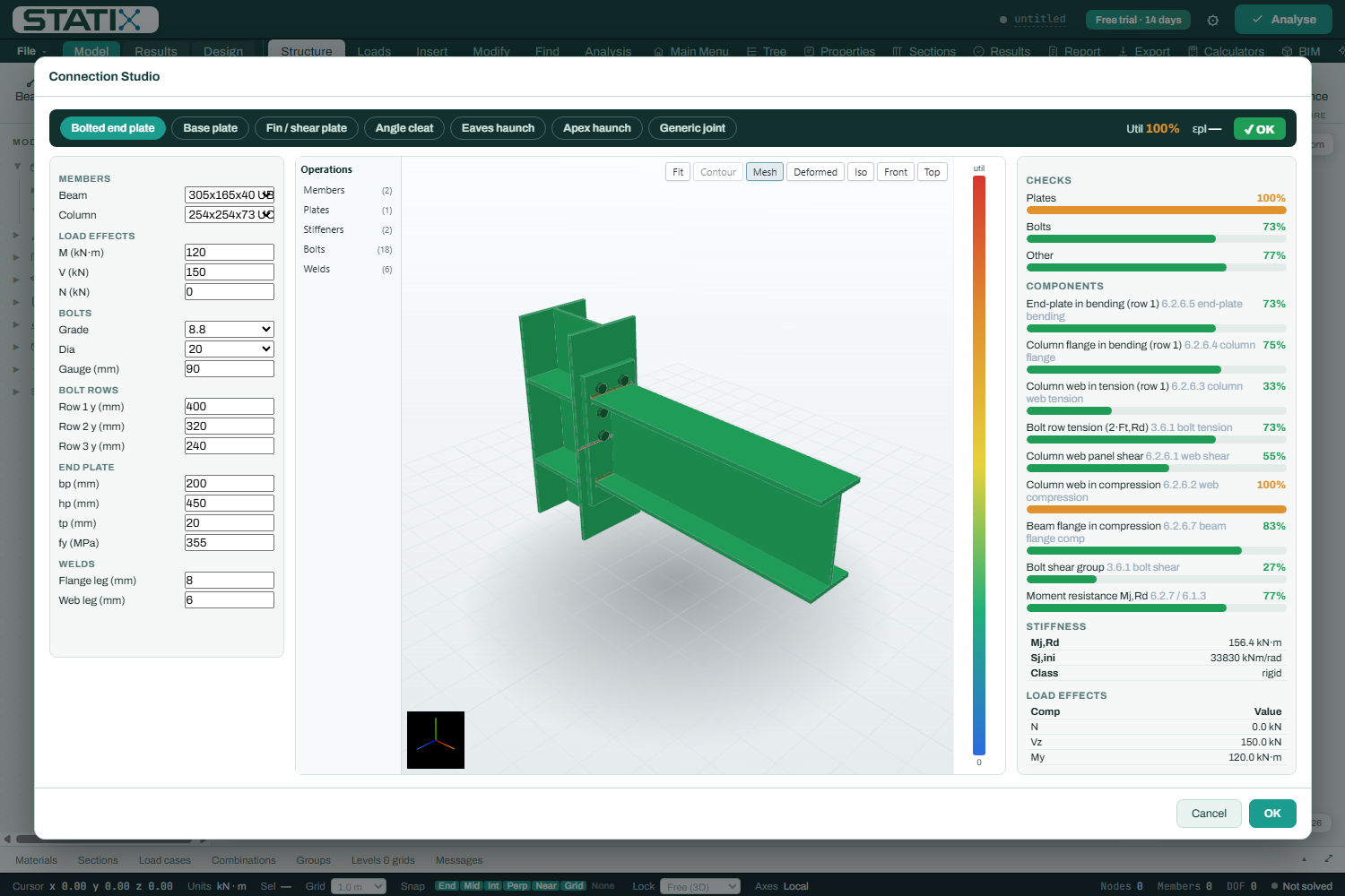 Connection Studio end-plate CBFEM model with parameters and component checks