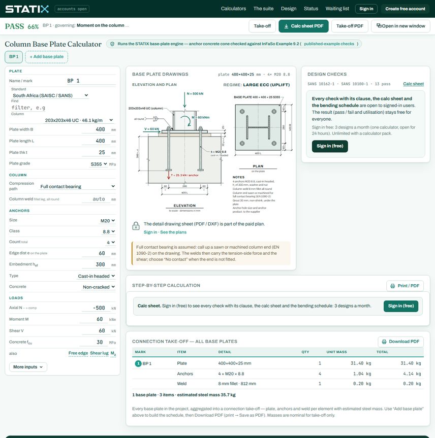 STATIX base plate calculator: design checks panel and the start of the step-by-step calc sheet