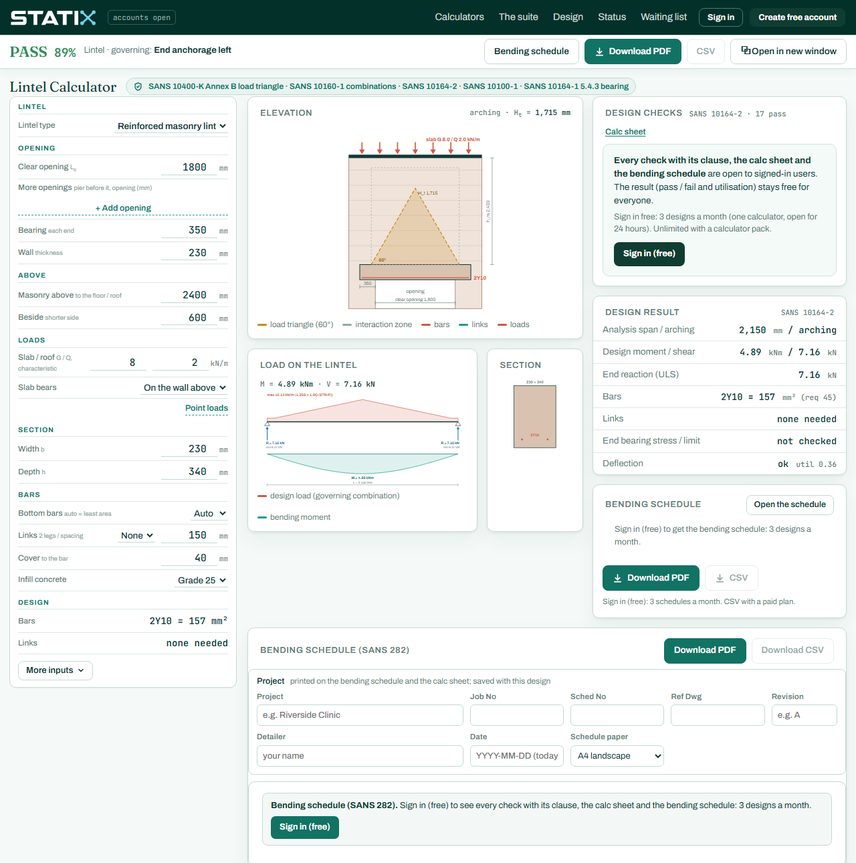 STATIX lintel calculator: elevation of the opening with the load triangle, the lintel and the bars