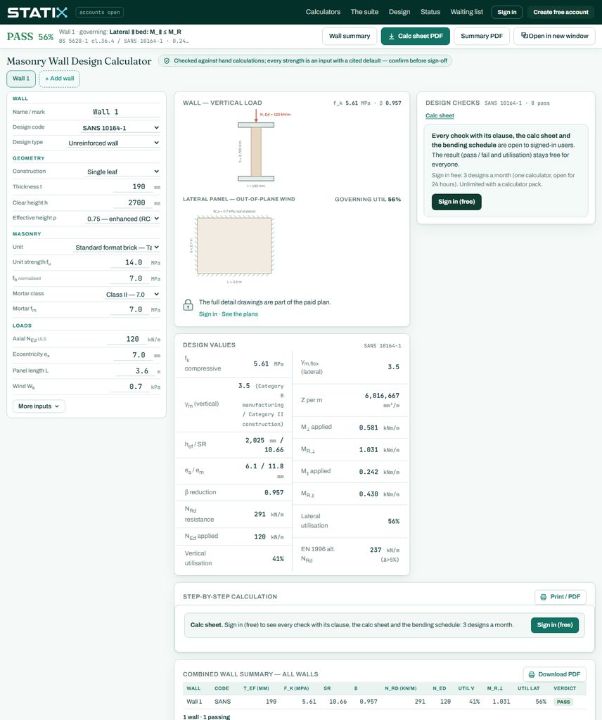 STATIX masonry wall calculator: section of a reinforced block wall and the shear wall elevation with its vertical and horizontal bars