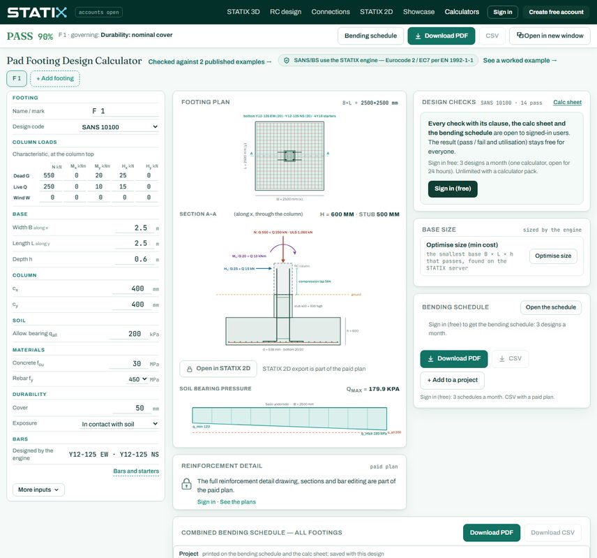 STATIX pad footing calculator: footing plan with the bottom bars and starter bars, and section A-A through a stub carrying a steel base plate 400 x 400 x 25 with 4 M20 holding-down bolts