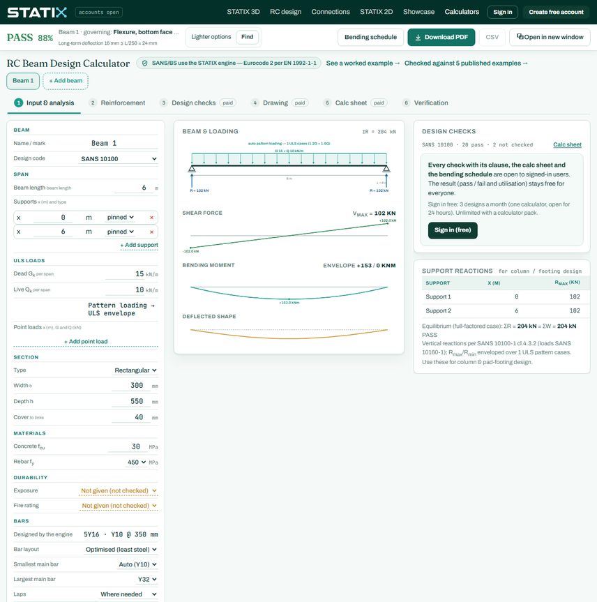 STATIX RC beam calculator: design checks panel and the start of the step-by-step calc sheet