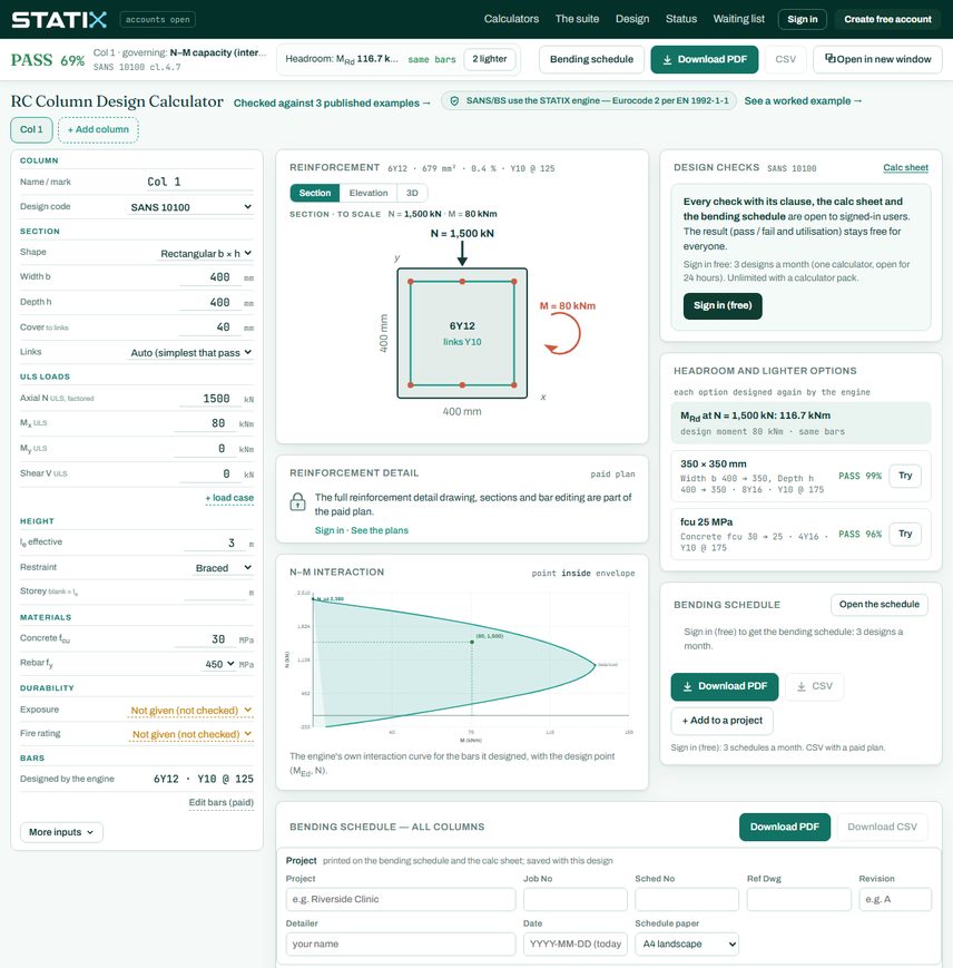 STATIX RC column calculator: design checks panel and the start of the step-by-step calc sheet