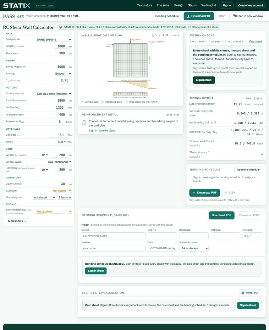 STATIX RC shear wall calculator: design checks panel with the clause on every check