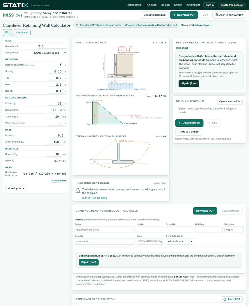 STATIX retaining wall calculator: wall cross-section with the bars, the lateral earth pressure, and the critical slip circle for overall stability (Bishop, F = 1.54)