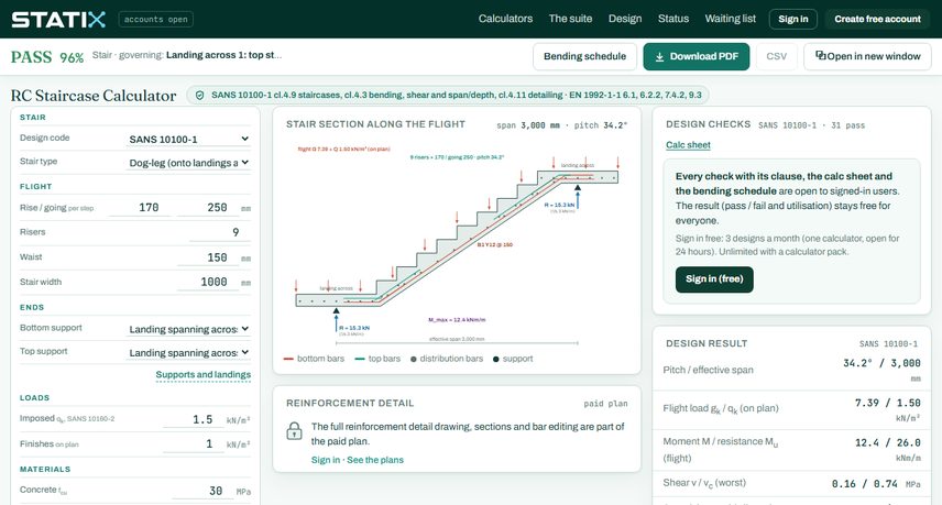 STATIX RC staircase calculator: section across a flight that spans between two stringers, with the bottom bars