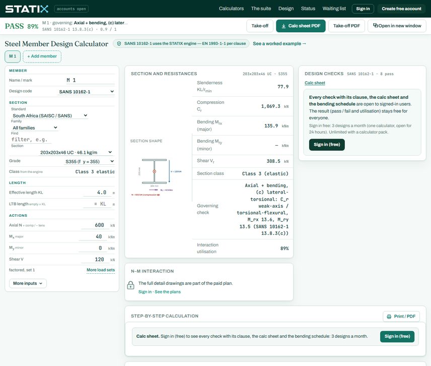 STATIX steel member calculator: design checks panel and the start of the step-by-step calc sheet