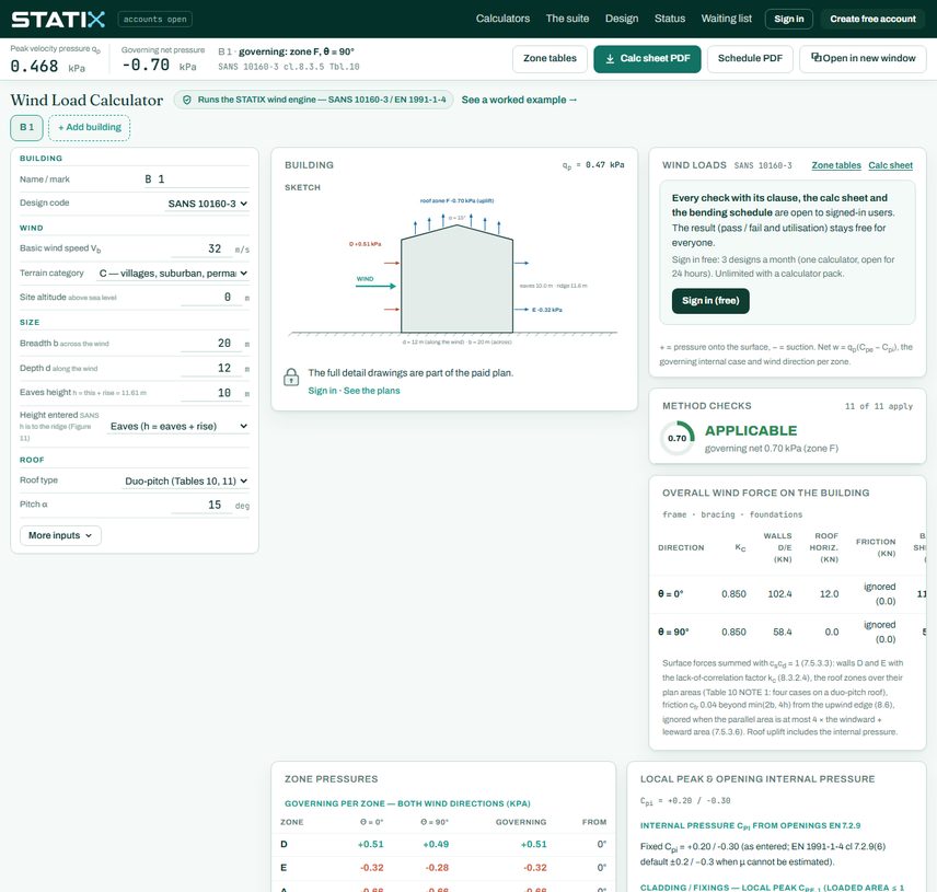 STATIX wind load calculator: a duo-pitch building with the wind zones on the walls and roof in 3D, and the side wall and roof plan zone layouts