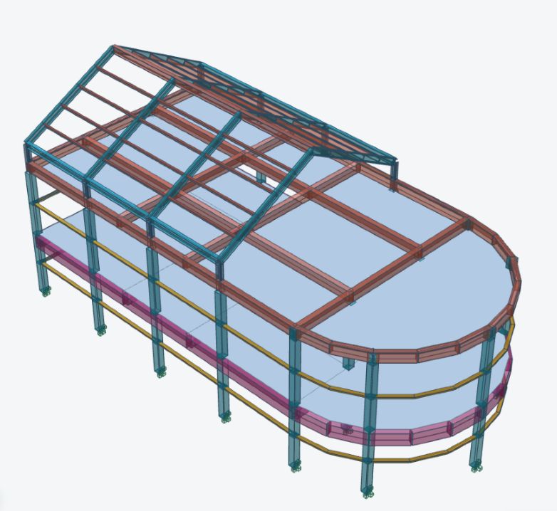 Curve Pavilion structural model with rounded reinforced-concrete terraces, open atrium, gabled steel roof and lipped-channel framing