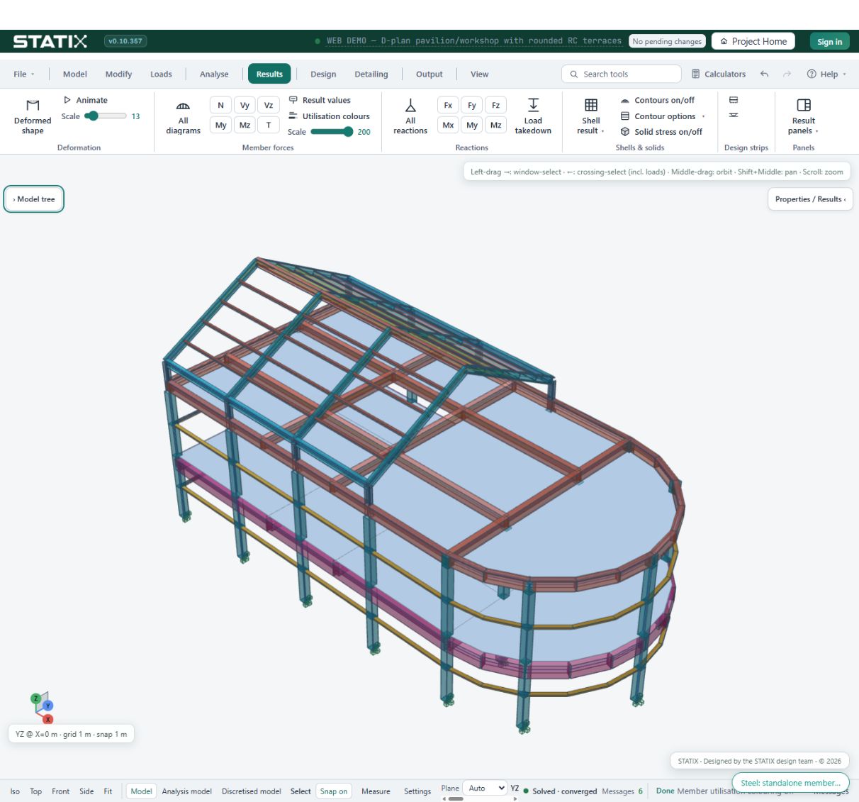 Curve Pavilion structural model with rounded reinforced-concrete terraces, open atrium, gabled steel roof and lipped-channel framing