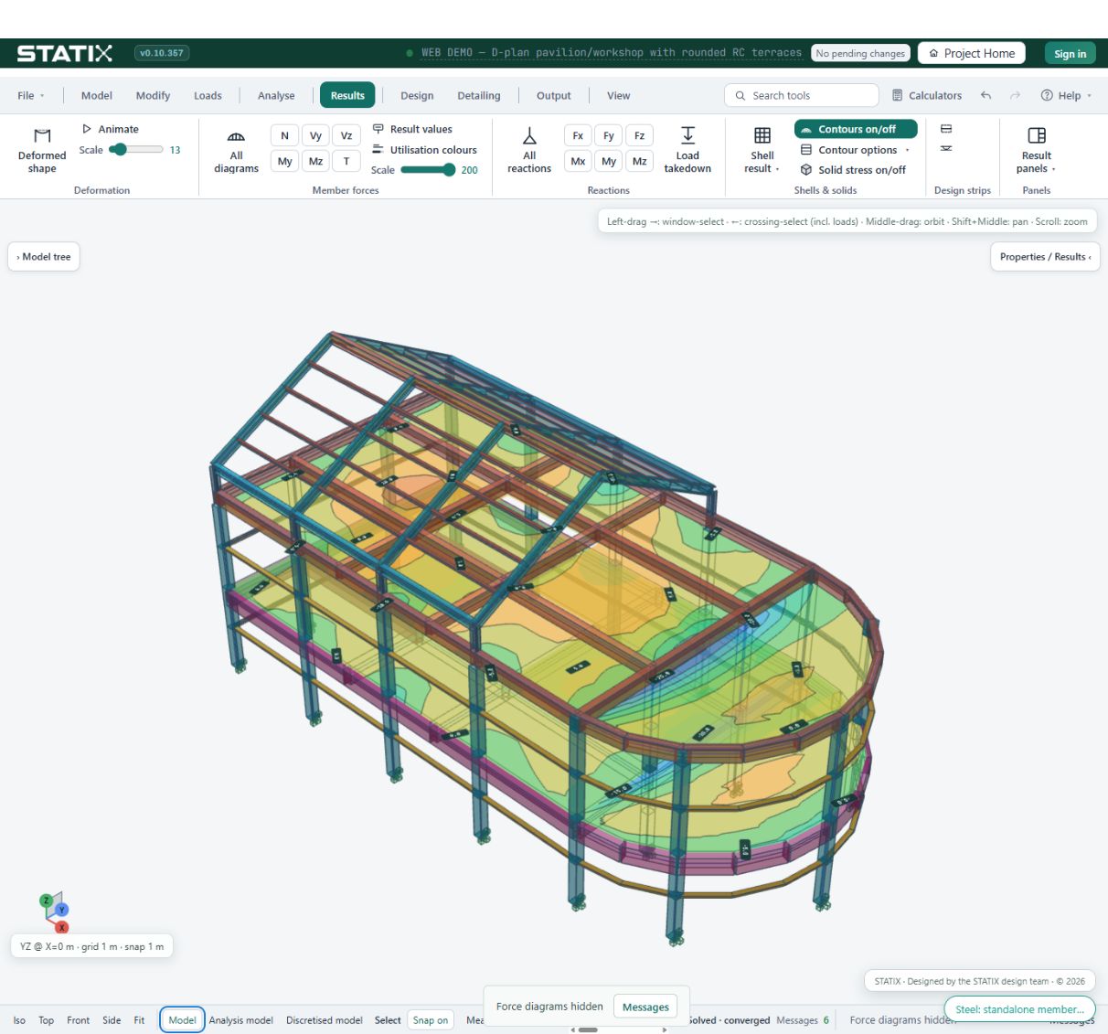 Curve Pavilion structural model with slab Mx results on its rounded terrace plates