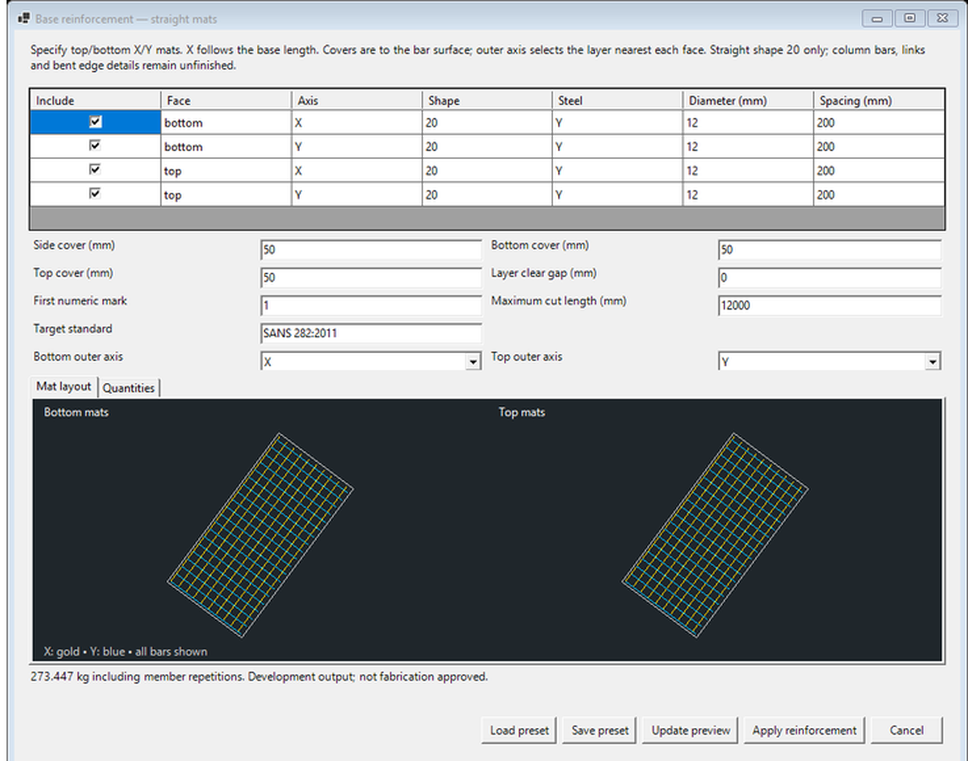 Base reinforcement wizard with top and bottom mats and a bar preview