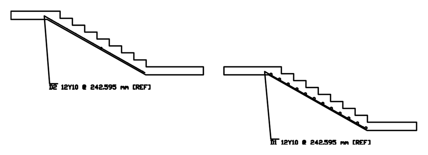 AutoCAD stair section with reinforcement bars and labels