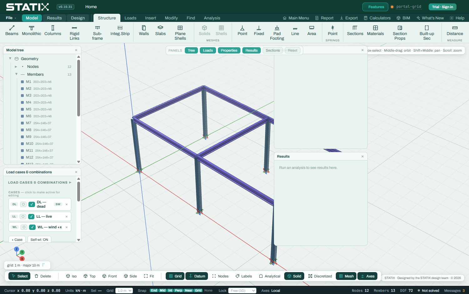 STATIX 3D modeller with model tree and viewport