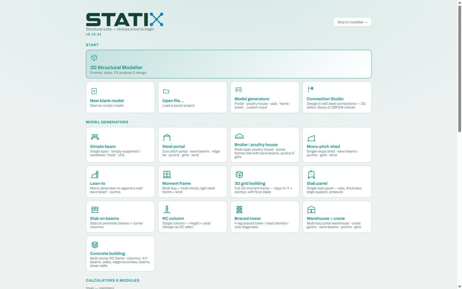 STATIX start page with the tool and generator library