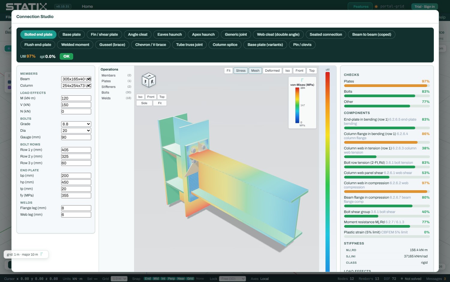 STATIX Connection Studio showing a CBFEM end-plate connection with a finite-element stress contour and component checks