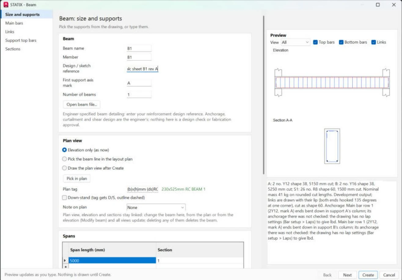 STATIX 2D beam wizard window with the live elevation and section