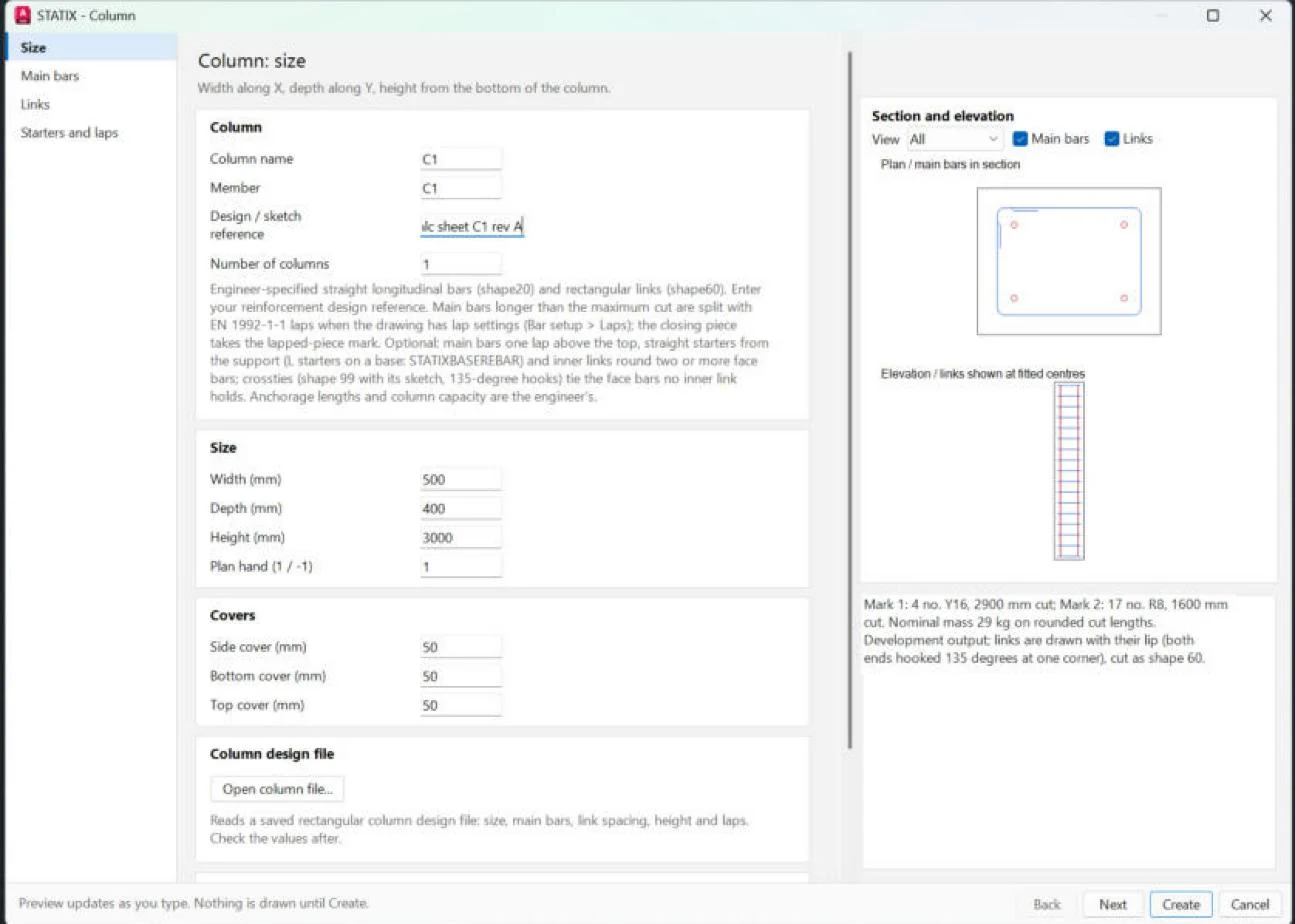 STATIX 2D column wizard window with the live section and elevation