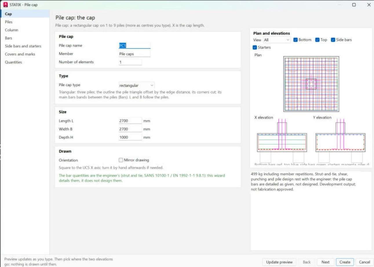 STATIX 2D pile cap wizard window with the live plan and both elevations