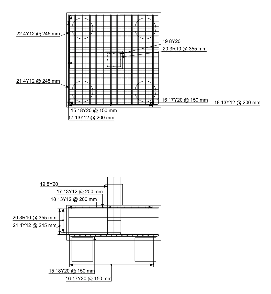 STATIX 2D four-pile cap plan and elevation with mats, side bars and starters