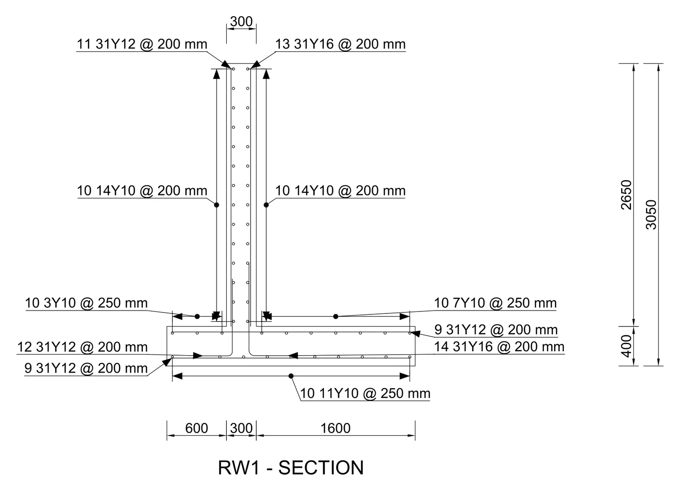 STATIX 2D cantilever retaining wall section with every bar group labelled