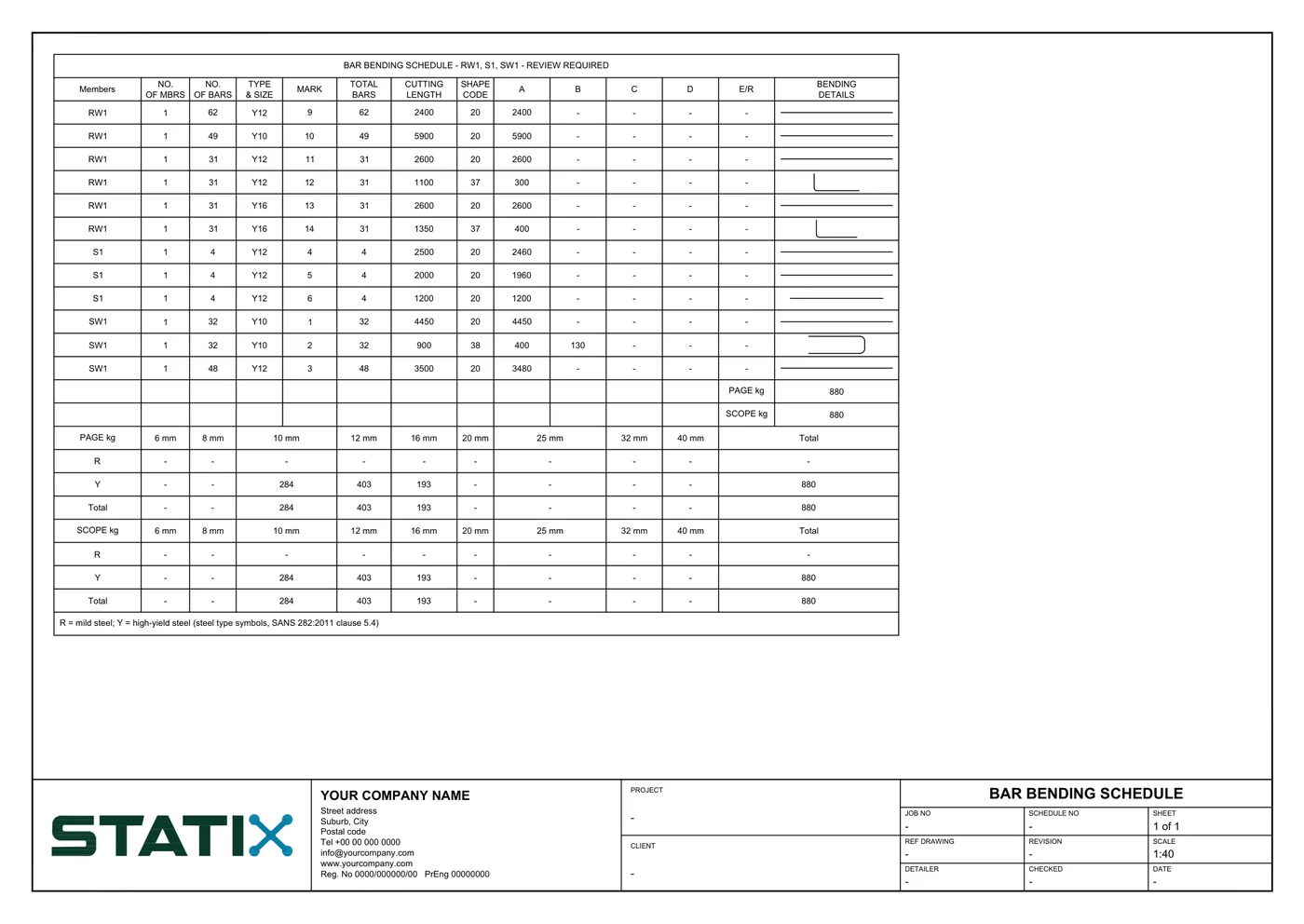 STATIX 2D bar bending schedule sheet to SANS 282 with bend sketches and the title block