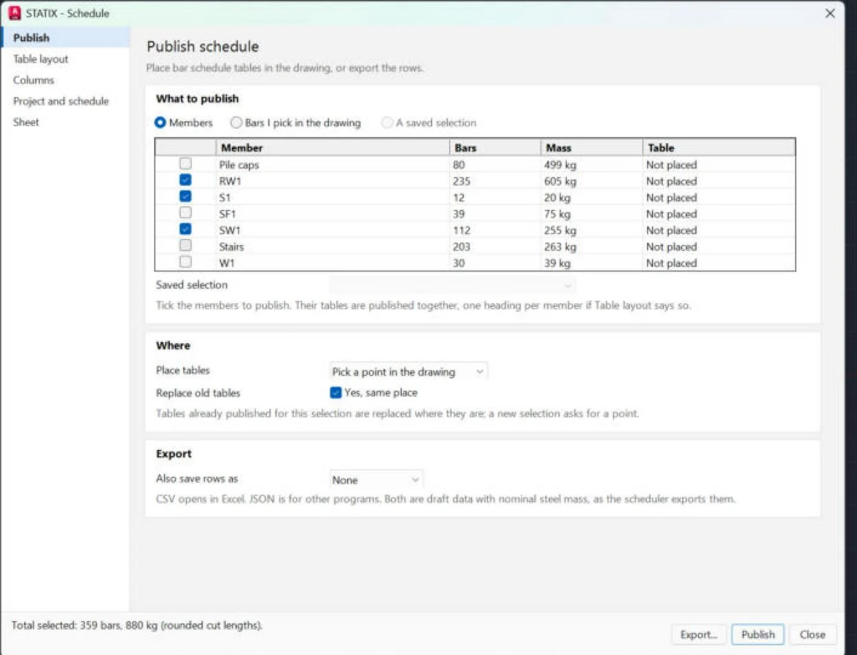 STATIX 2D schedule window listing members with bars and mass