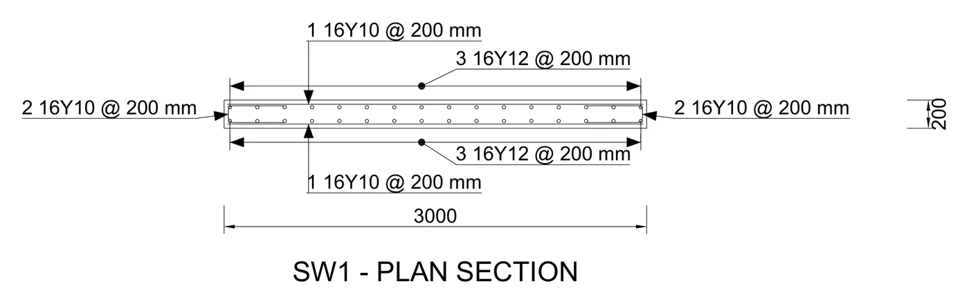 STATIX 2D shear wall plan section drawn in AutoCAD with face bars, end U-bars and vertical bars