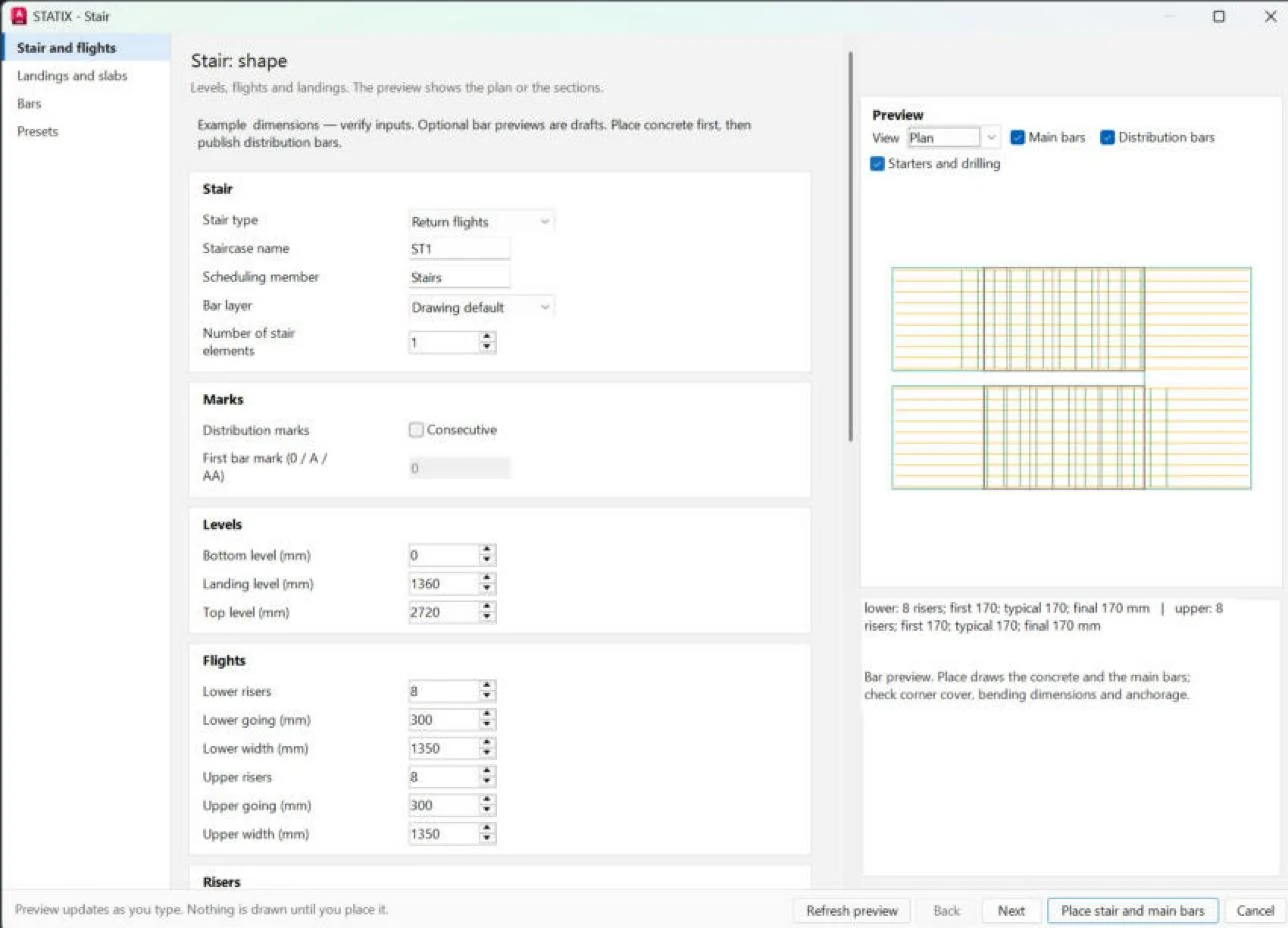 STATIX 2D stair wizard window with levels, flights and the live plan