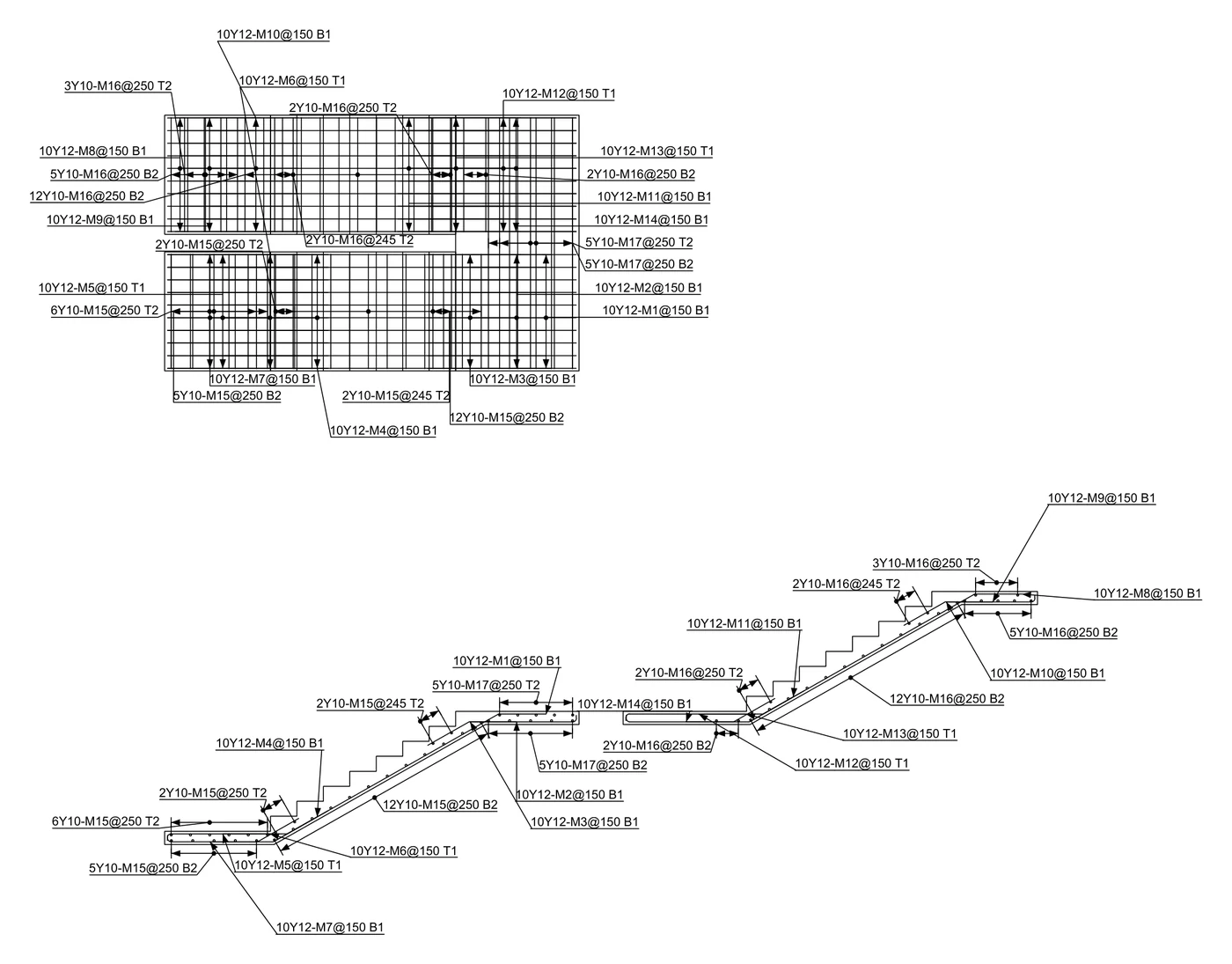 STATIX 2D return-flight stair: plan and longitudinal section with every bar labelled