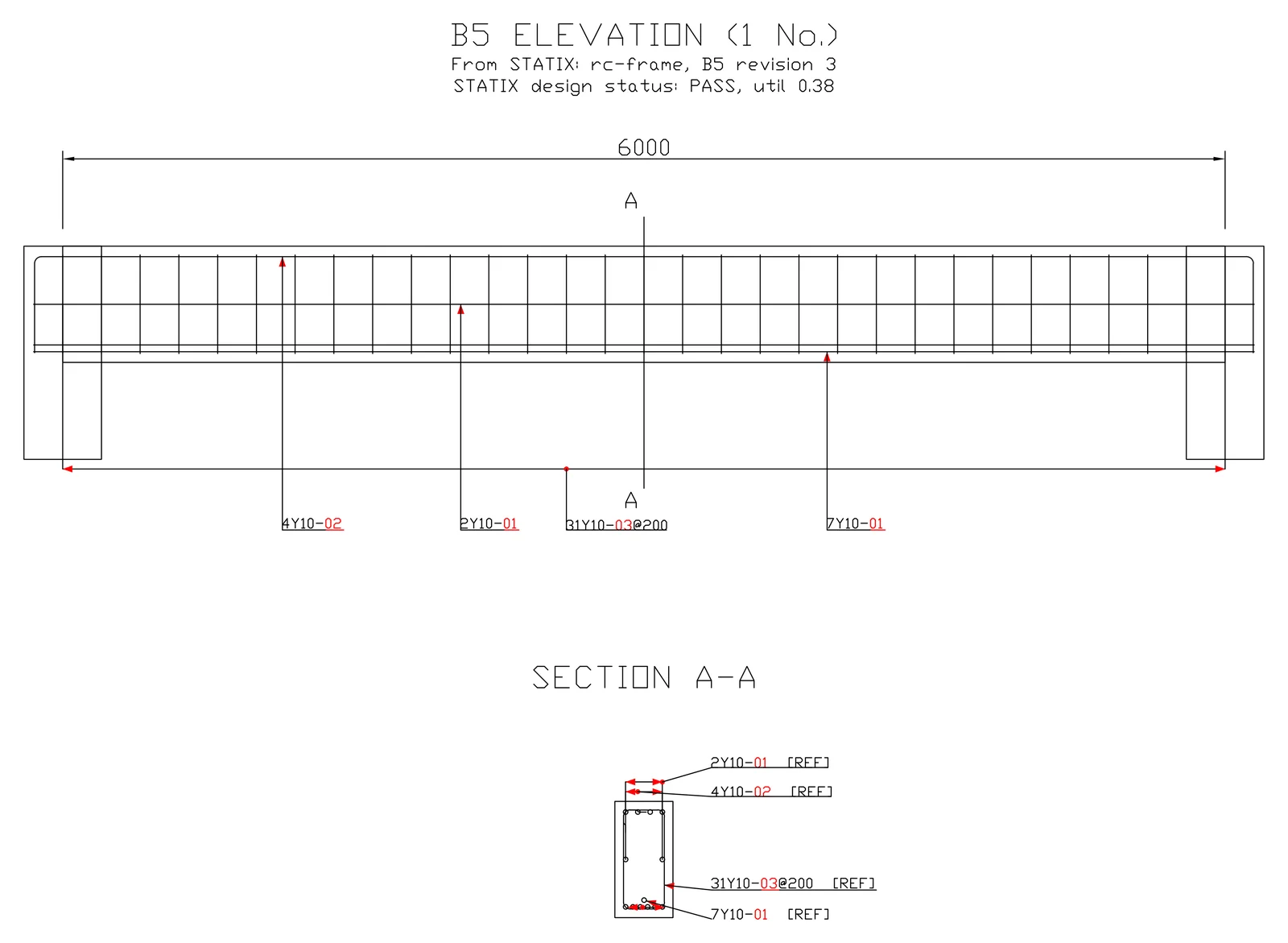STATIX 2D beam elevation and section with bar marks, drawn in AutoCAD from a STATIX 3D model
