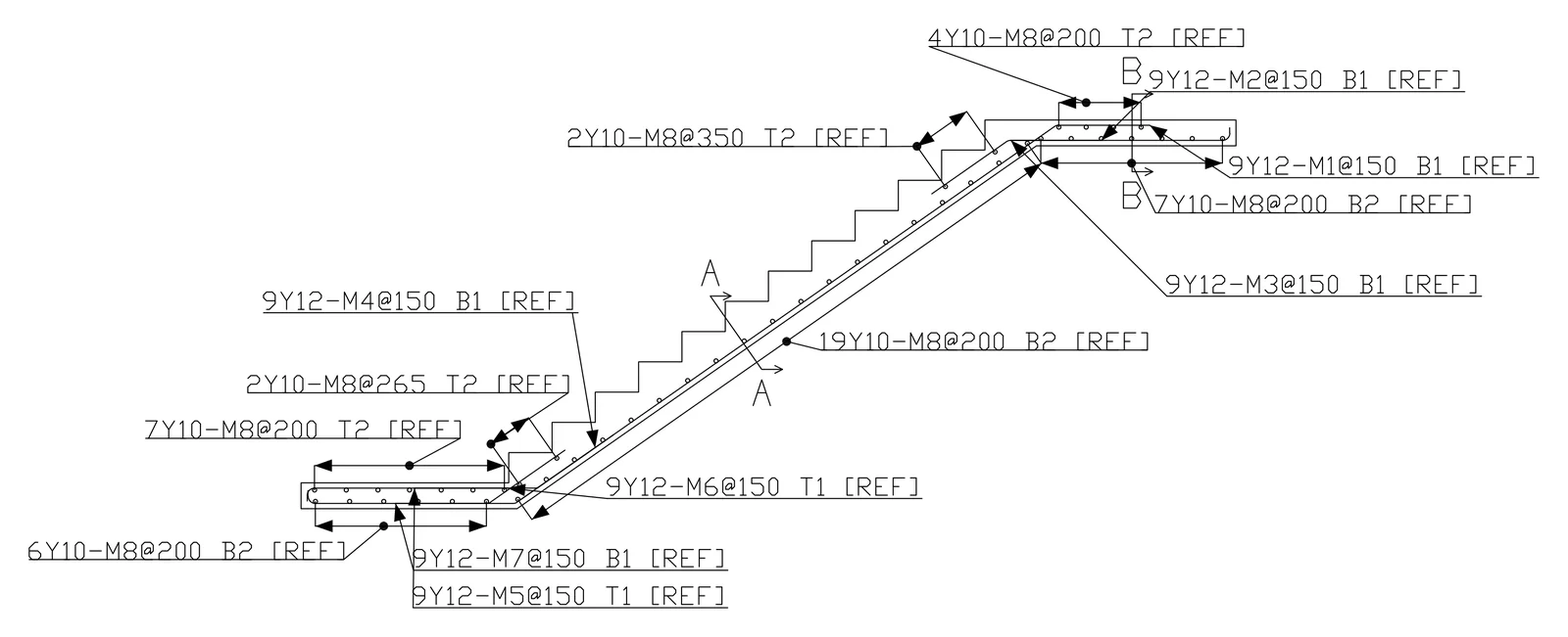 STATIX 2D longitudinal section through a stair with every bar labelled, drawn in AutoCAD from a STATIX 3D model