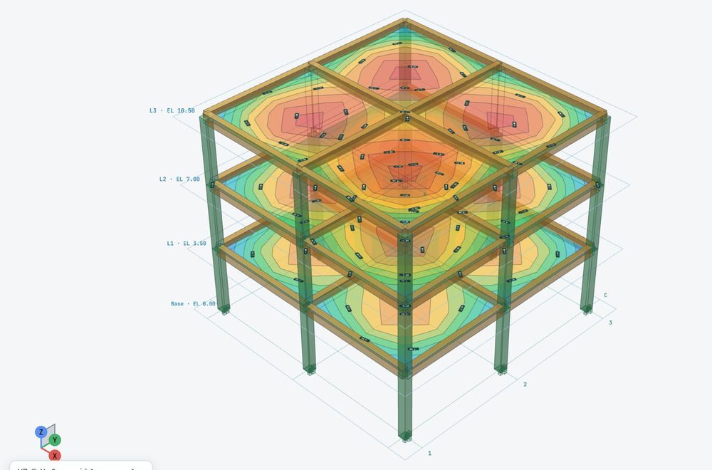 Concrete frame with slab deflection contours