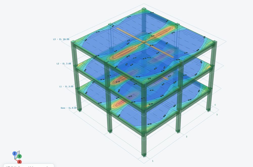 Concrete frame with monolithic T-beams and slab contours