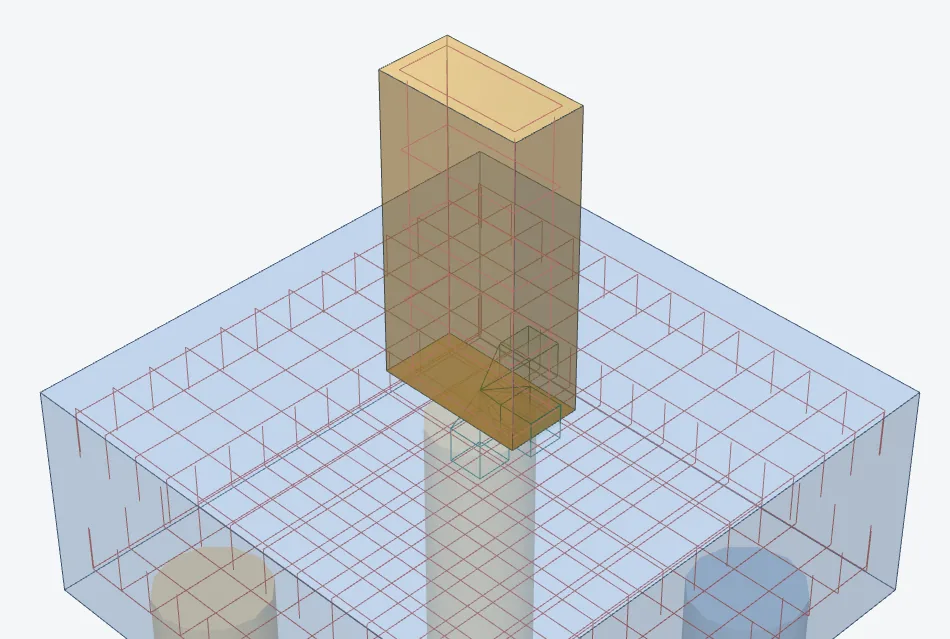 Pile cap in 3D: a column on a cap over four piles, with the top and bottom mats