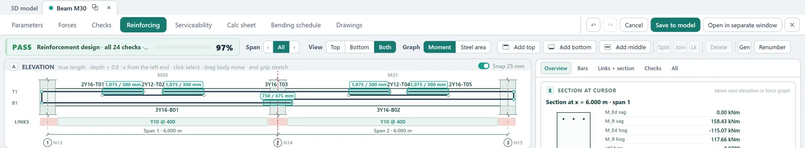 STATIX beam window: two-span C30 beam elevation with bar marks, laps and links; all 24 checks pass