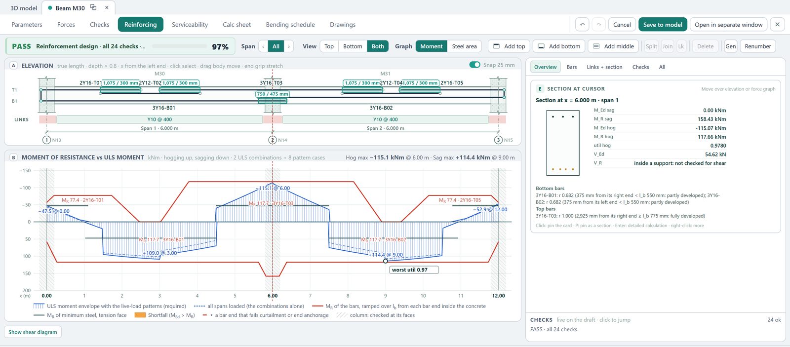 STATIX RC beam design: elevation with bars and moment of resistance against the ULS moment envelope