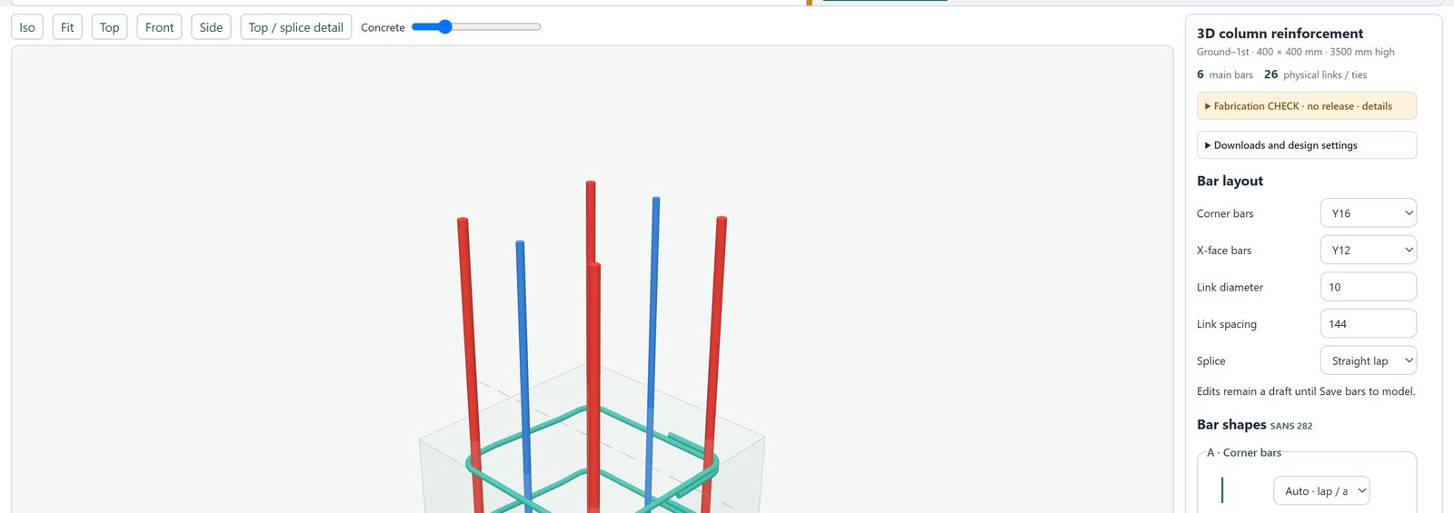 STATIX column module: main bars and links in 3D with inward 135 degree hooks