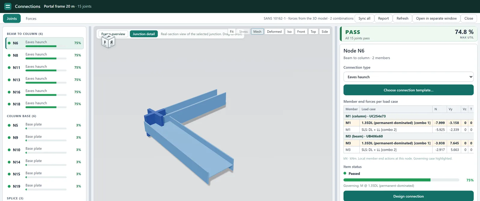 STATIX Connection Hub for a 20 m portal frame: 15 joints listed by type (eaves haunches, base plates, apex haunches) with utilisation bars, all 15 joints pass, max utilisation 74.8 %, and the member end forces at node N6 per load combination