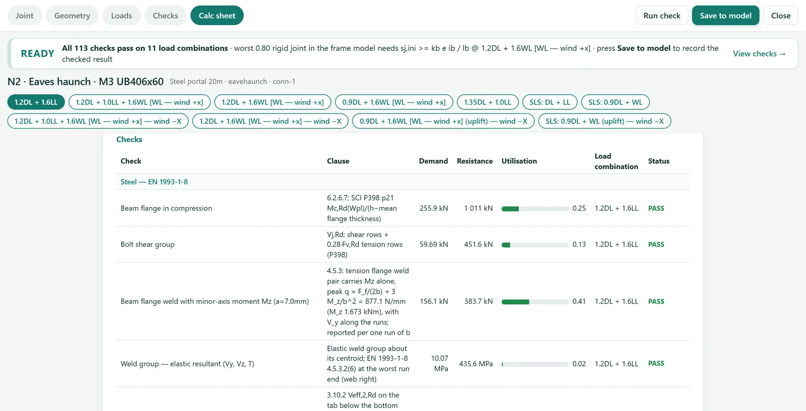 STATIX connection calc sheet for the eaves haunch, Checks part: EN 1993-1-8 clauses, demand, resistance and utilisation, every row PASS