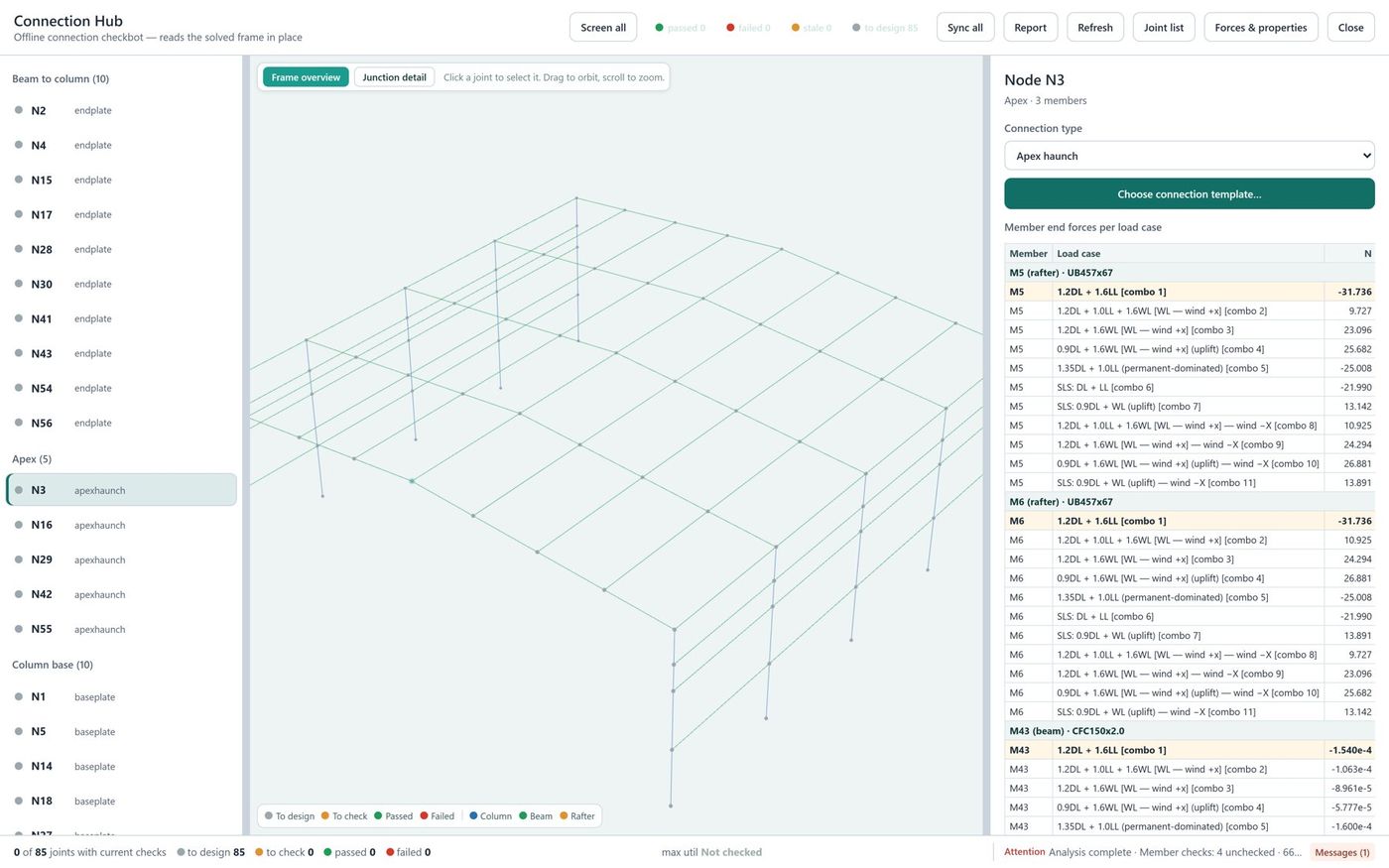STATIX Connection Hub listing the joints of a portal frame warehouse