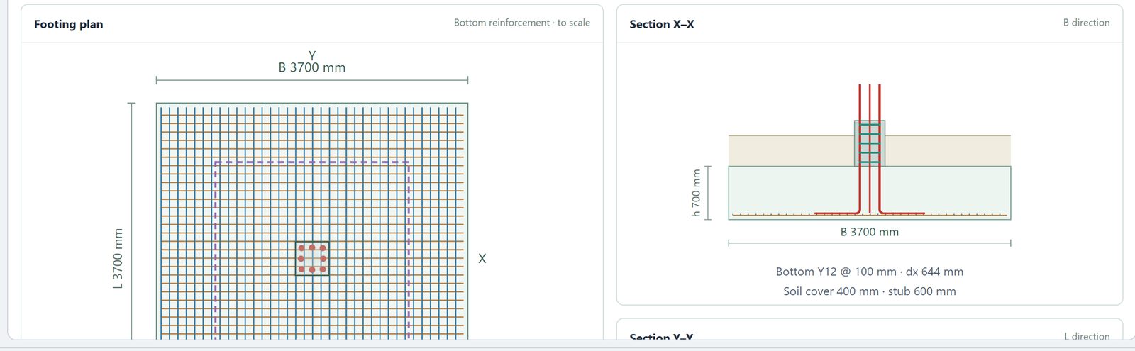 STATIX pad footing module: 3.7 m square footing plan with bottom mats, and section X-X with the stub and starter bars