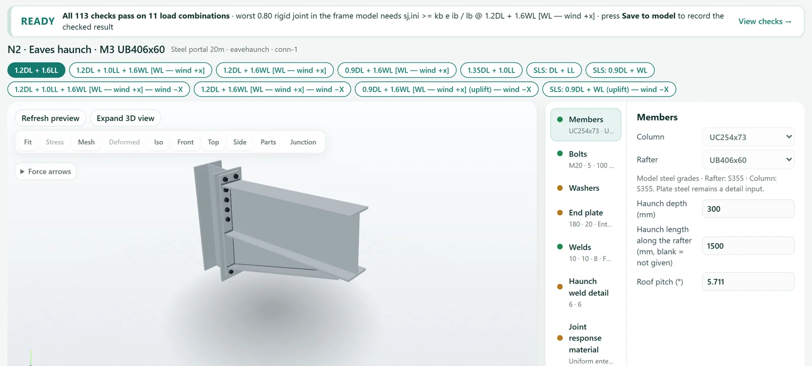STATIX Connection Studio: eaves haunch joint N2 of a 20 m portal frame in 3D, UB406x60 rafter with haunch and bolted end plate on a UC254x73 column; all 113 checks to EN 1993-1-8 pass on 11 load combinations, worst utilisation 0.80