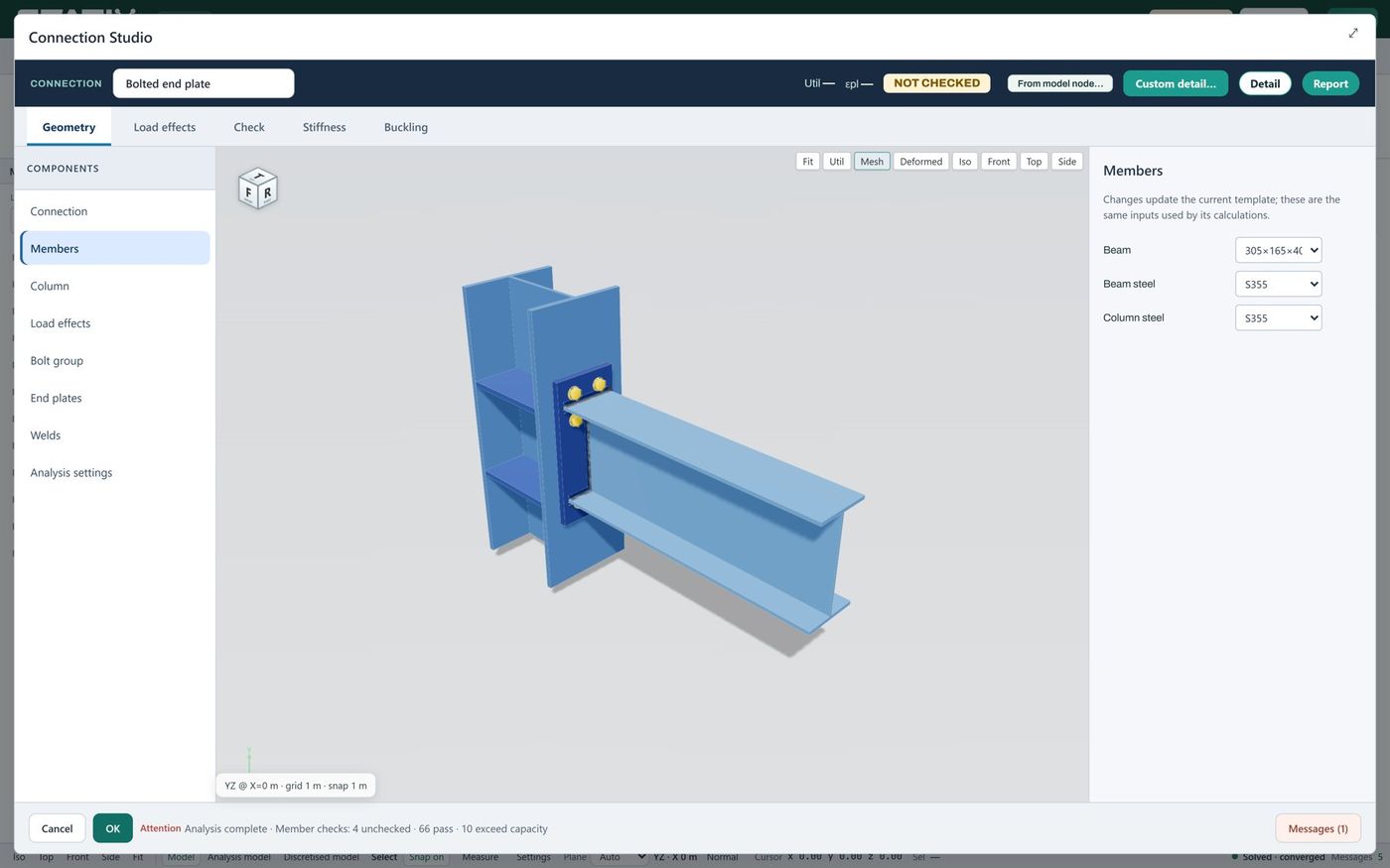 STATIX Connection Studio showing a bolted end plate connection in 3D