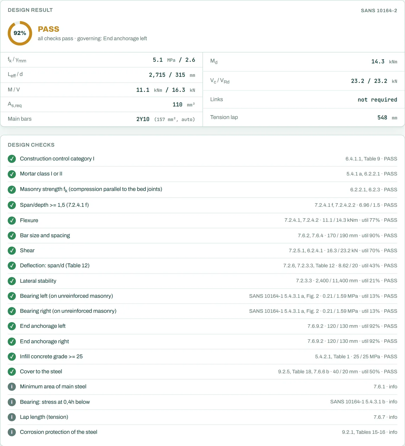 Free masonry wall calculator: a lintel designed to SANS 10164-2, with the design result and every check with its clause