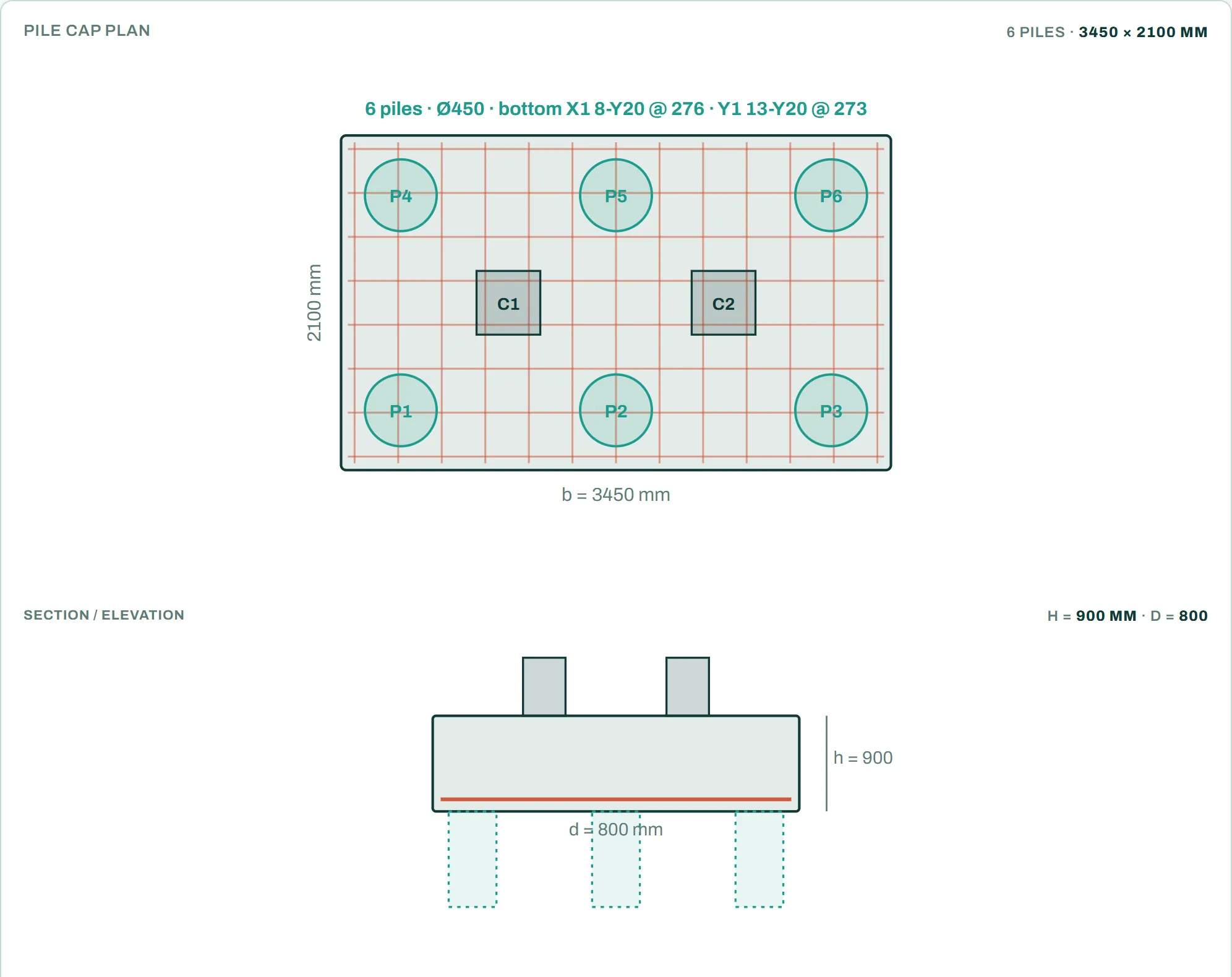 Free pile cap calculator: six piles under two columns, with the bottom bars on plan and the section