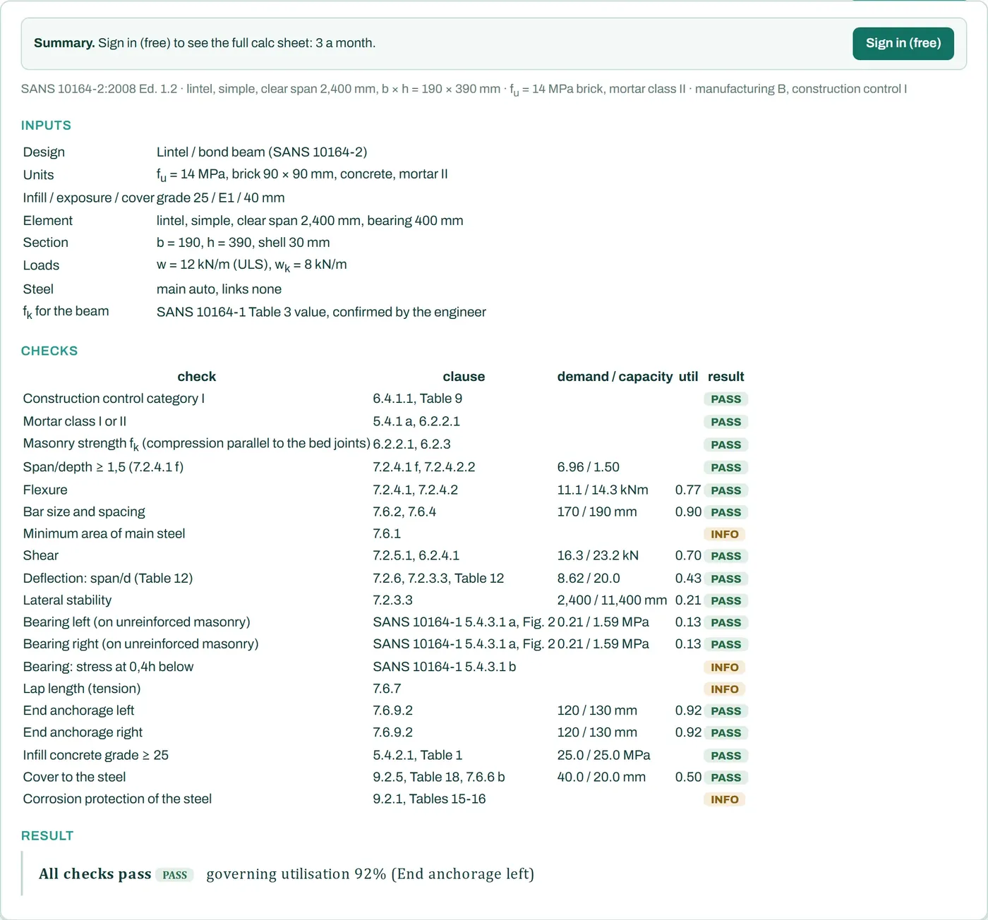 Calc sheet summary of the free masonry wall calculator: inputs, every check with clause, demand, capacity and result